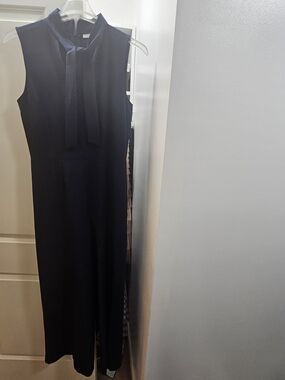 New York & Company Navy Sleeveless Tie-Neck Jumpsuit